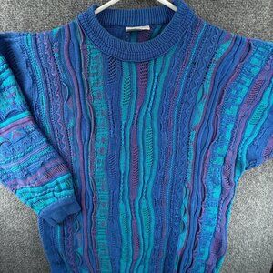 COOGI Australia Blue Green 90s Sweater Abstract Knit Colorful Large Cotton Crew